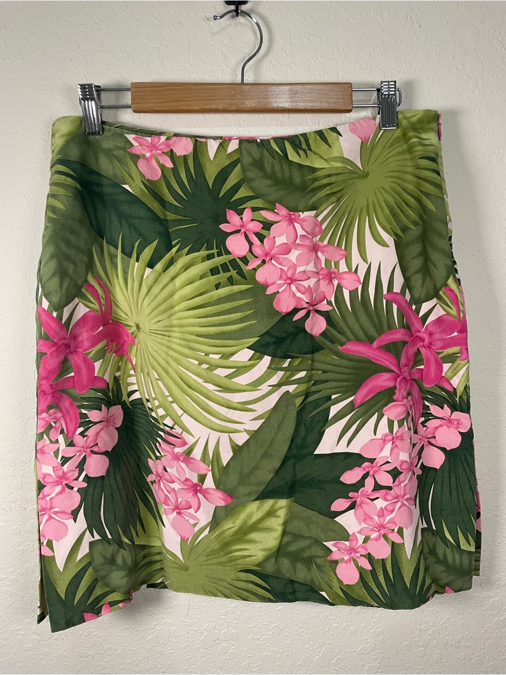 TOMMY BAHAMA | Jungle Tumble Silk Skirt Tropical Green Palm & Pink Floral | 14